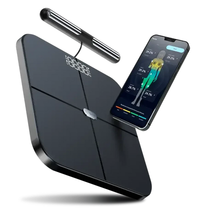 Hume Pod smart scale with a sleek black design and smartphone app displaying body metrics.