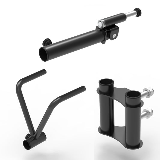 Black bicycle repair tool set including a fork, handle, and clamp for maintenance.
