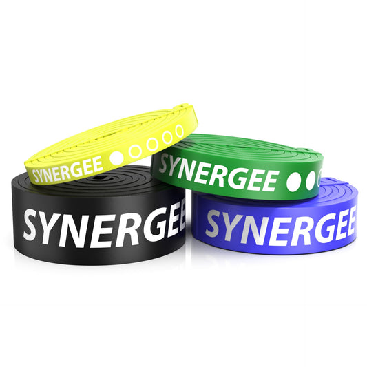 Synergee resistance bands in black, green, yellow, and blue for strength training.