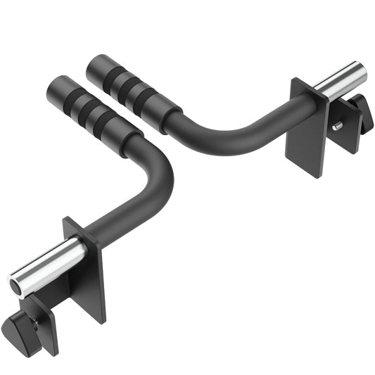 Heavy-duty wall-mounted gym dip bars with rubber grips for secure handling.