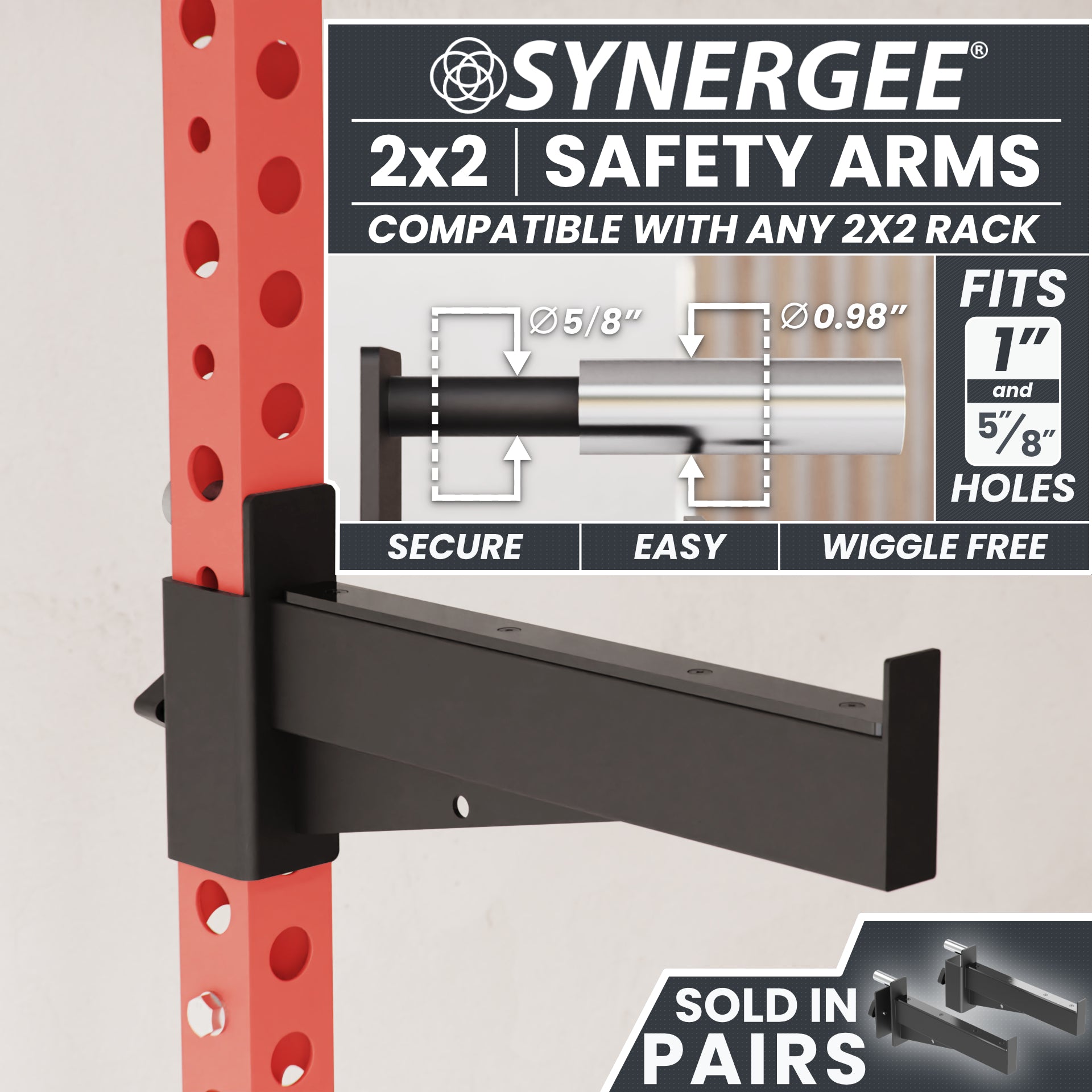 Synergee 2x2 safety arms designed for secure and easy fit on any 2x2 rack.