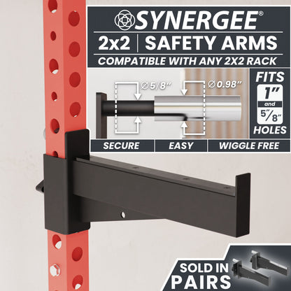 Synergee 2x2 safety arms designed for secure and easy fit on any 2x2 rack.