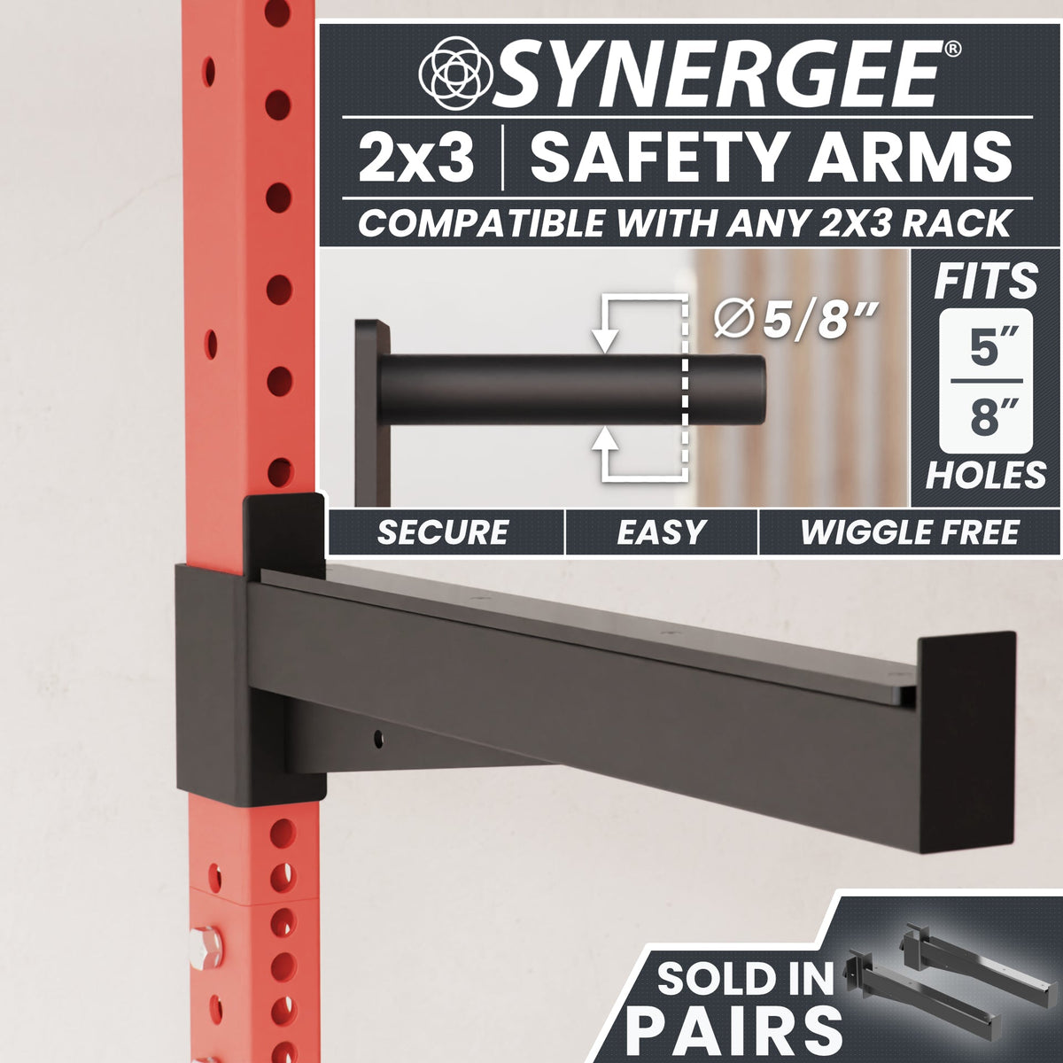 Synergee 2x3 safety arms designed for secure and easy use with 5" and 8" hole racks.