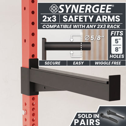 Synergee 2x3 safety arms designed for secure and easy use with 5" and 8" hole racks.