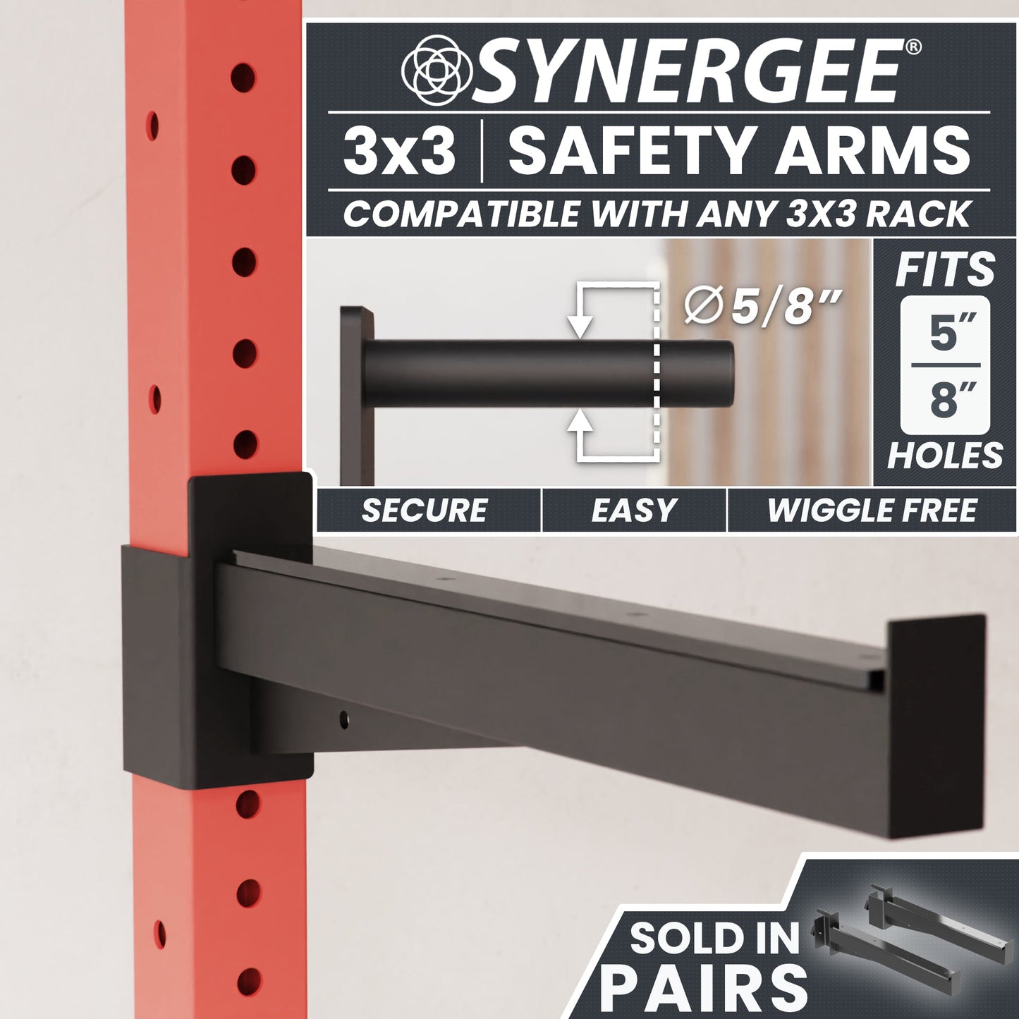 Synergee 3x3 Safety Arms designed for secure and easy use with any 3x3 rack.