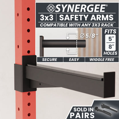 Synergee 3x3 Safety Arms designed for secure and easy use with any 3x3 rack.