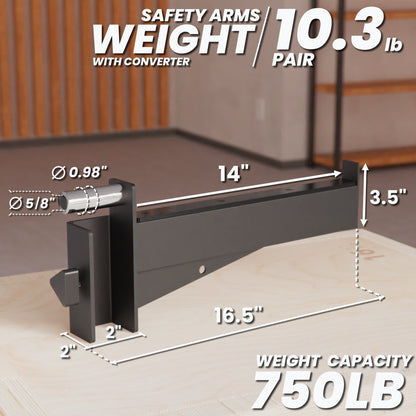 Safety Arms with converter, 10.3 lb weight, 750 lb capacity, dimensions shown.