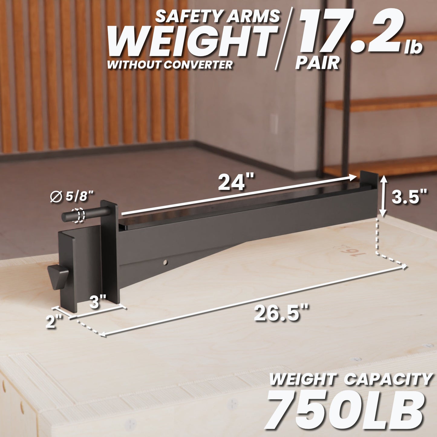Safety Arms pair with a weight capacity of 750 lb, measuring 24 inches long and 3.5 inches wide.