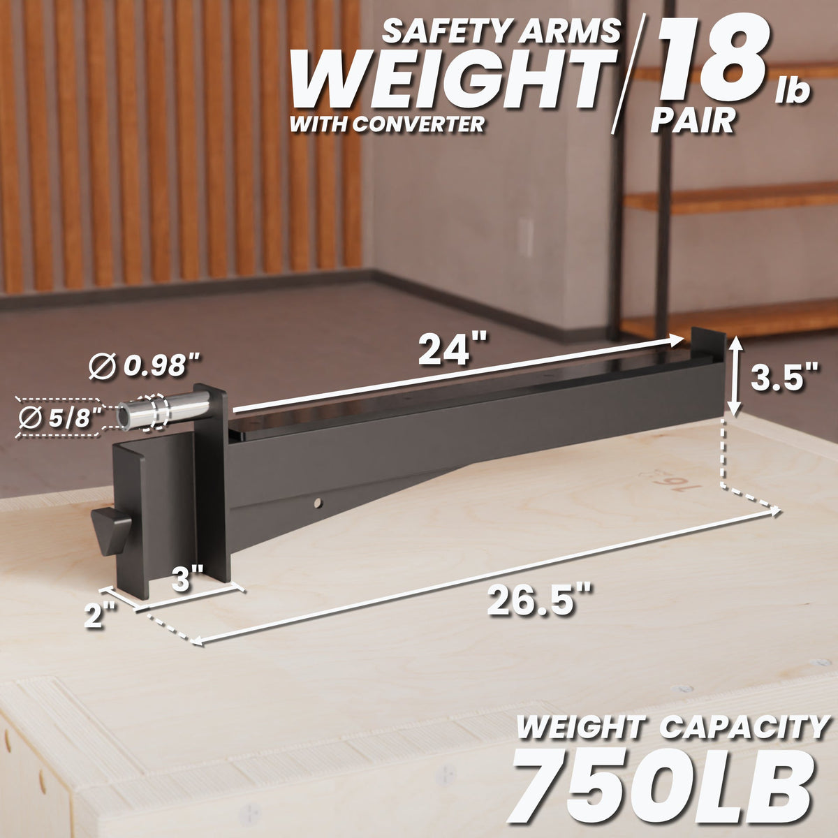 Safety Arms 18 lb pair with converter, featuring a weight capacity of 750 lb and dimensions for easy installation.