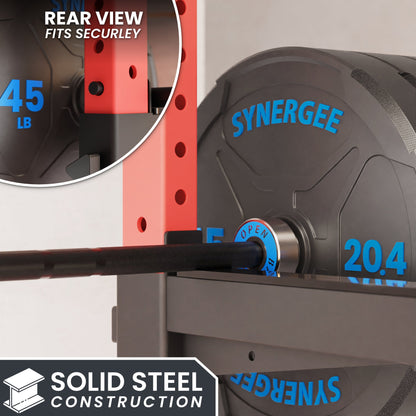 Synergee 45 lb weight plate with solid steel construction, rear view showing secure fit.