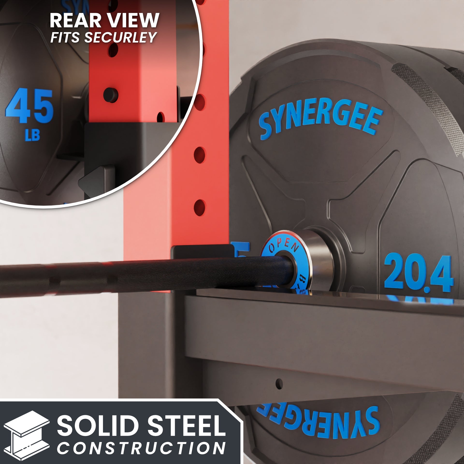 Synergee weight plate showing rear view with secure fit and solid steel construction.