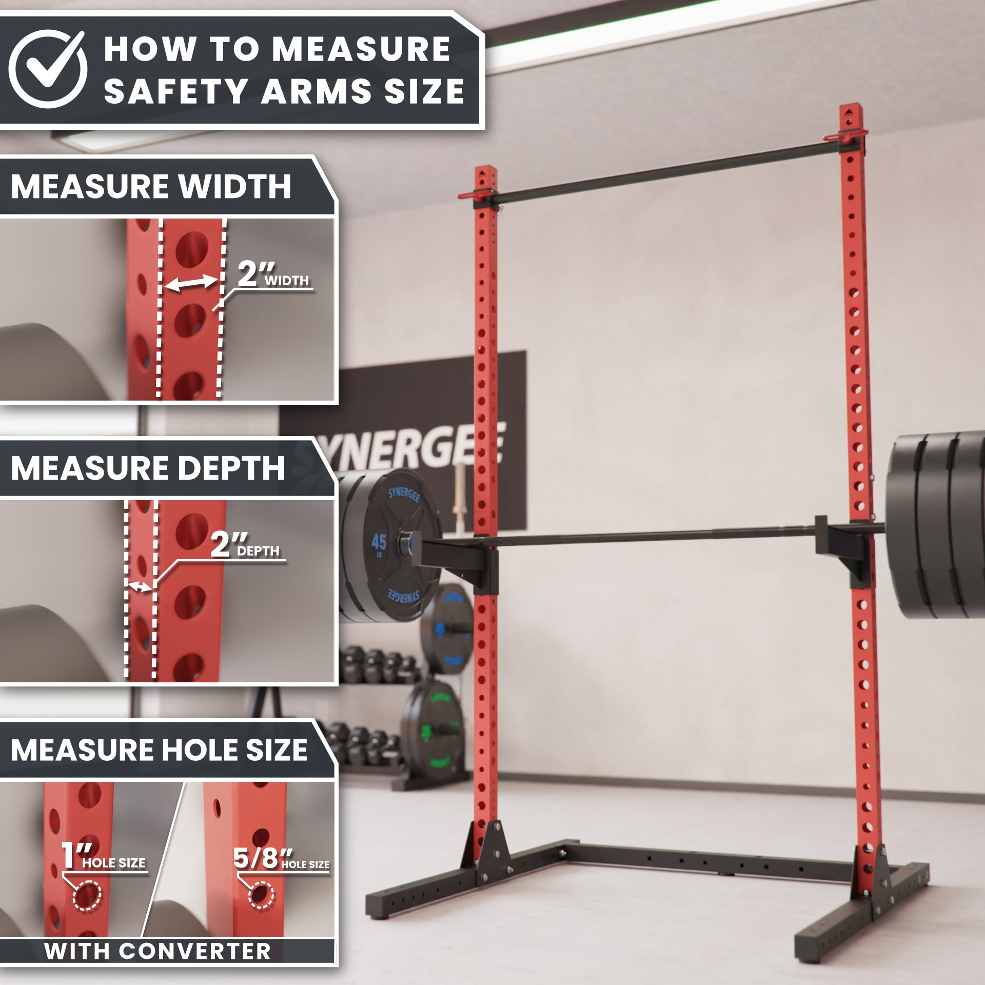Safety Arms Size Measurement Guide with red rack and measurement details.
