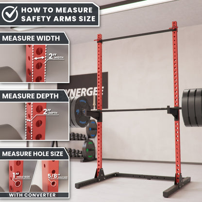 Safety Arms Size Measurement Guide with red rack and measurement details.