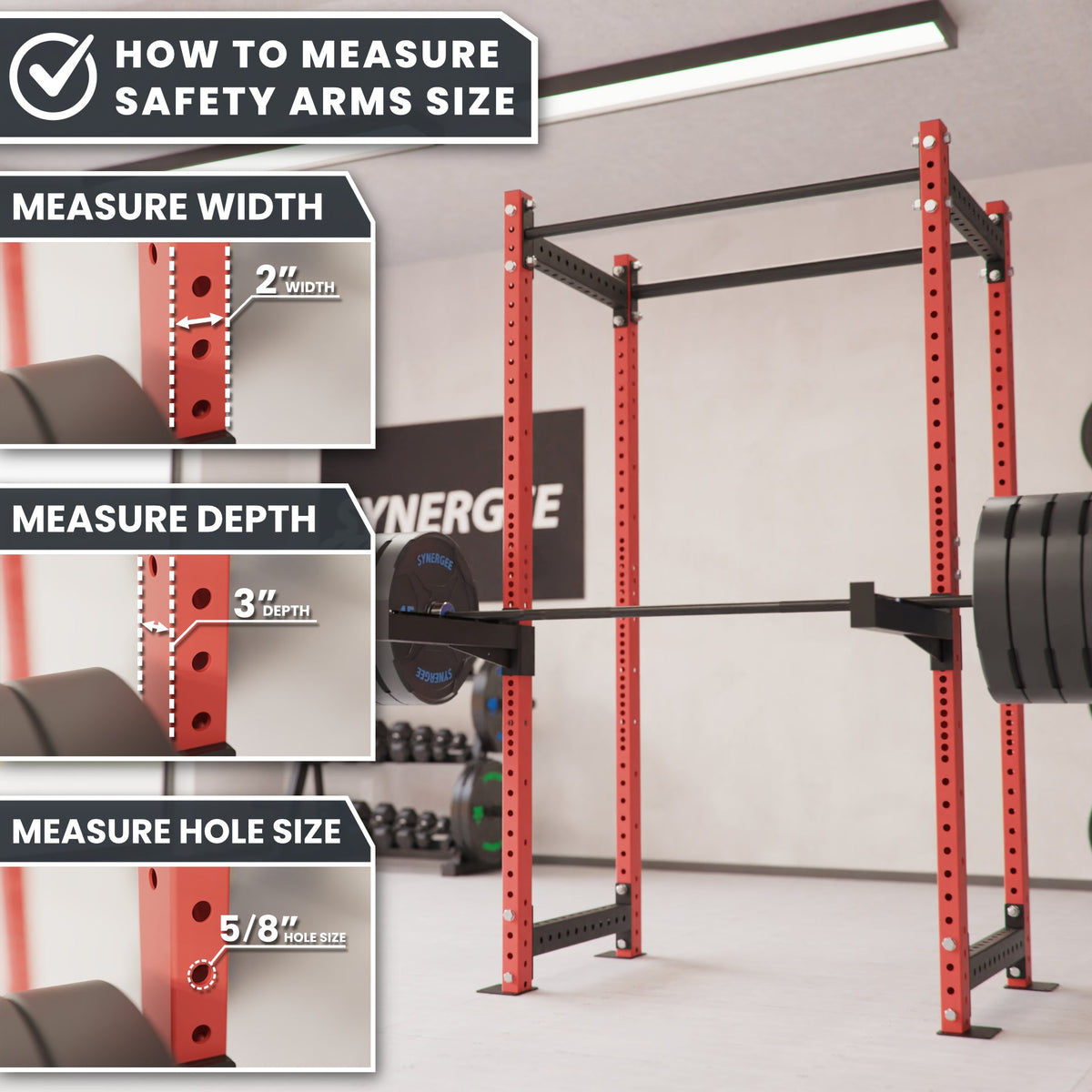 Safety Arms Size Measurement Guide showing width, depth, and hole size for optimal fit.