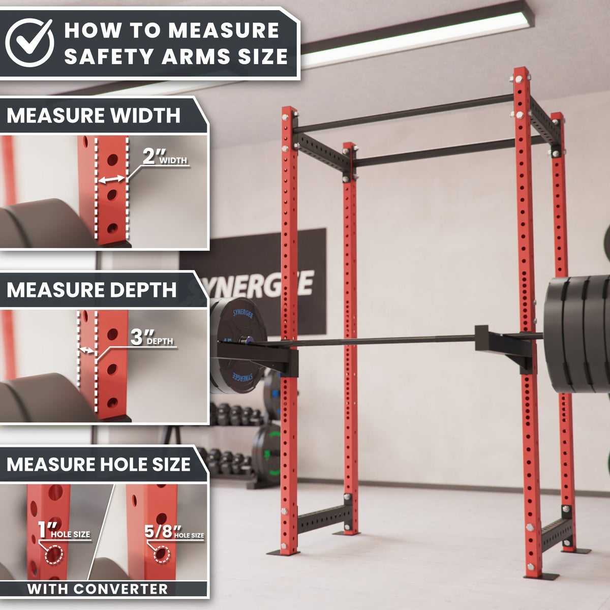 Safety Arms Size measuring guide with width, depth, and hole size instructions.