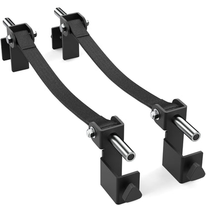 Adjustable resistance bands for strength training, featuring durable black straps and metal connectors.