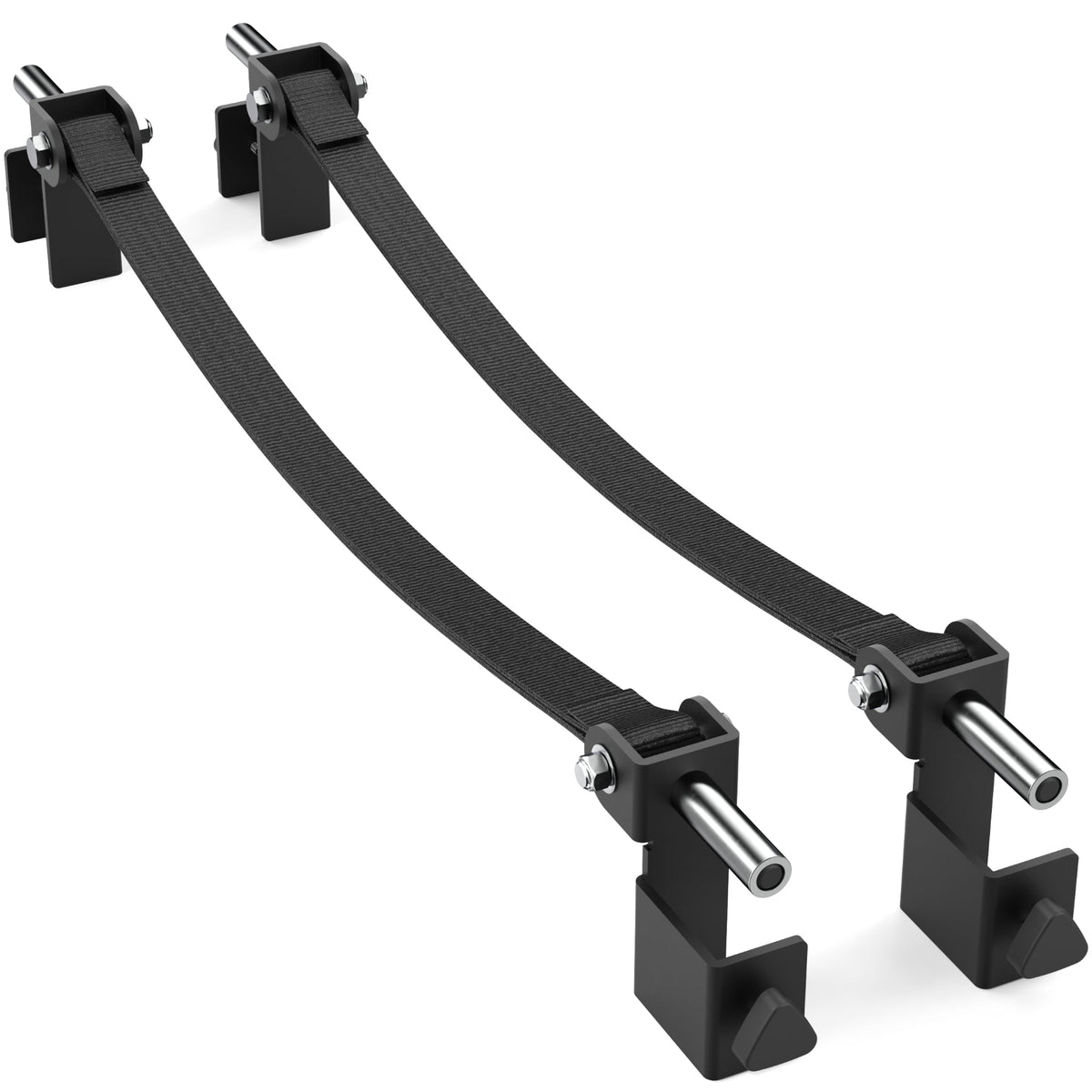 Heavy-duty adjustable straps for securing cargo, featuring durable black material and metal fasteners.