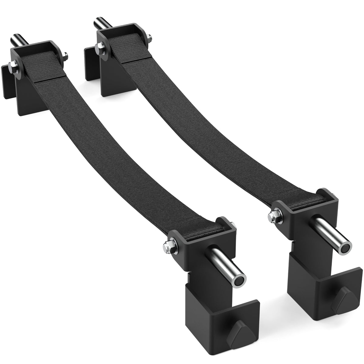 Adjustable resistance bands for strength training, featuring sturdy black straps and metal connectors.