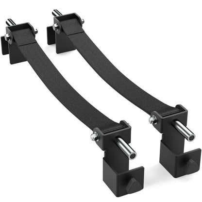 Adjustable resistance bands for strength training, featuring sturdy black straps and metal connectors.