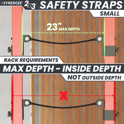 Synergee safety straps for 2x3 racks, showing max depth of 23 inches and installation guidelines.