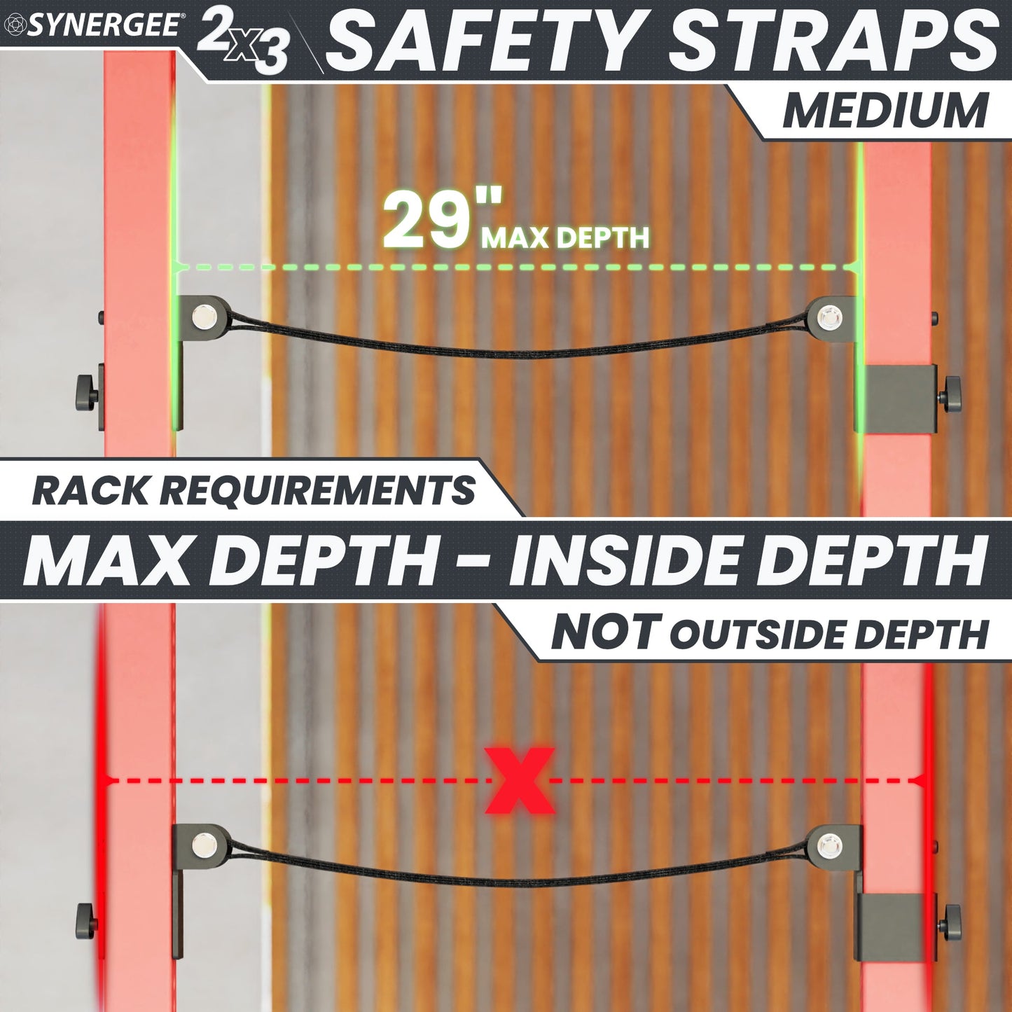 Synergee Safety Straps for medium racks with 29-inch max depth requirements.