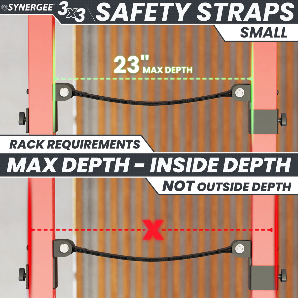 Synergee Safety Straps for small racks with 23-inch max depth specifications.