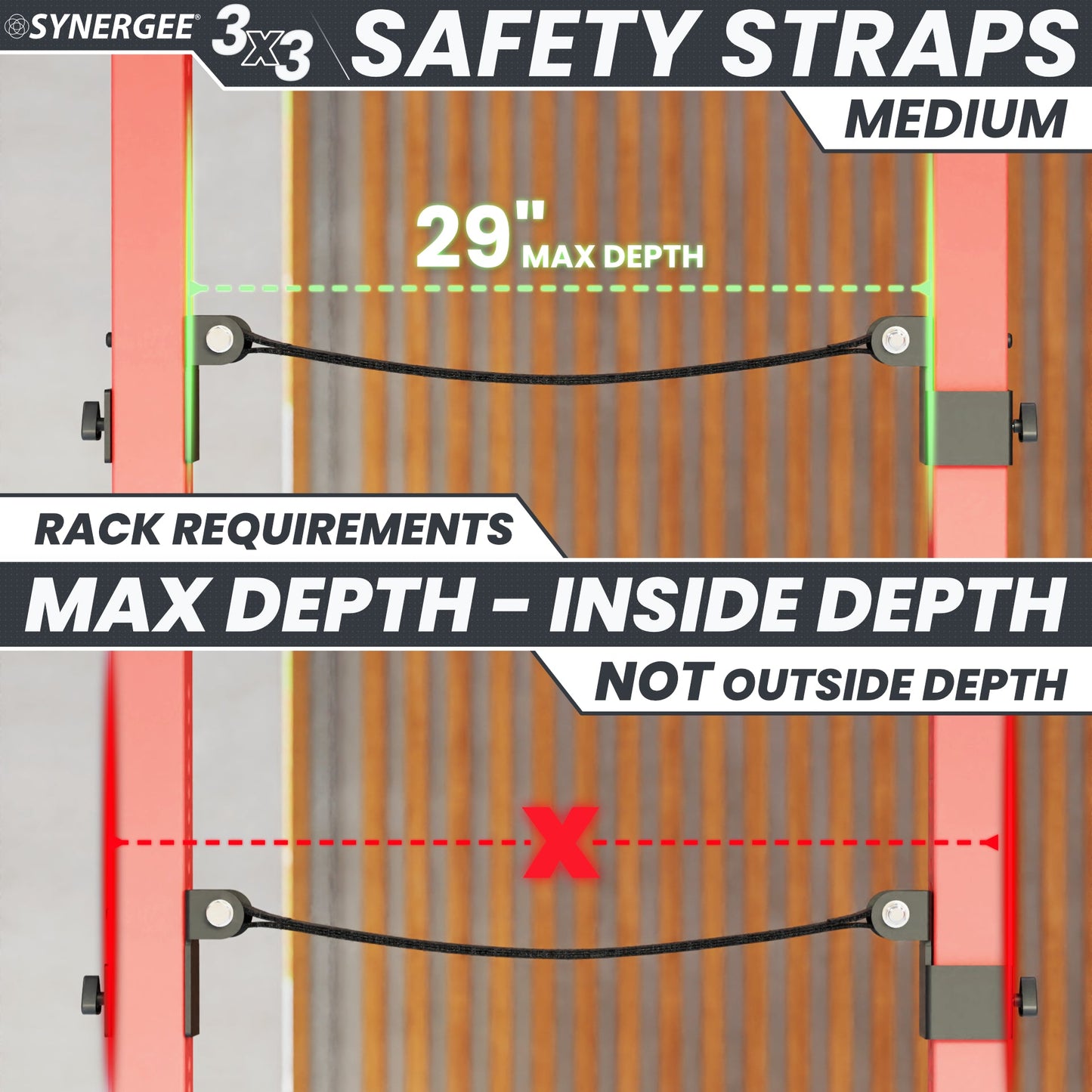 Synergee Safety Straps for medium racks, showing max depth of 29 inches and installation requirements.