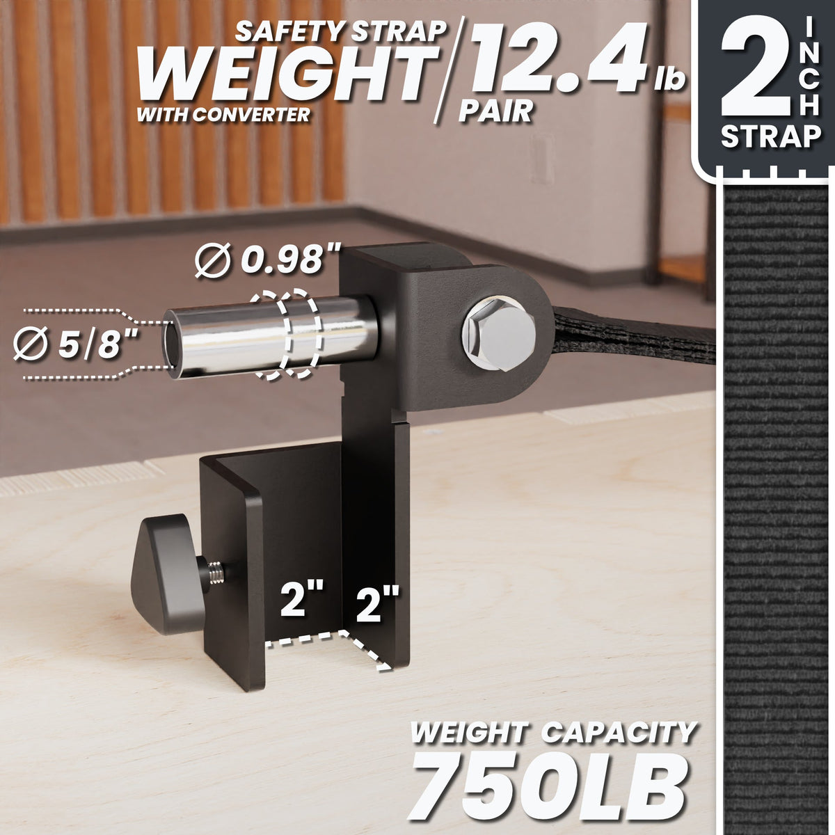 Safety Strap 12.4 lb pair with converter, featuring a 2-inch strap and 750 lb weight capacity.