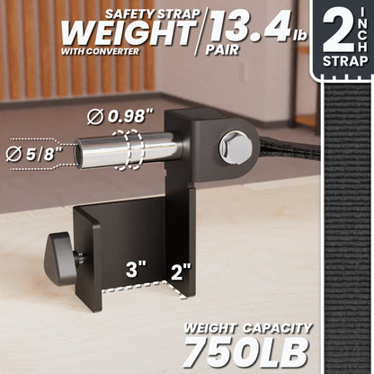 Safety Strap with converter, 13.4 lb weight, 750 lb capacity, featuring a 2-inch strap and adjustable components.