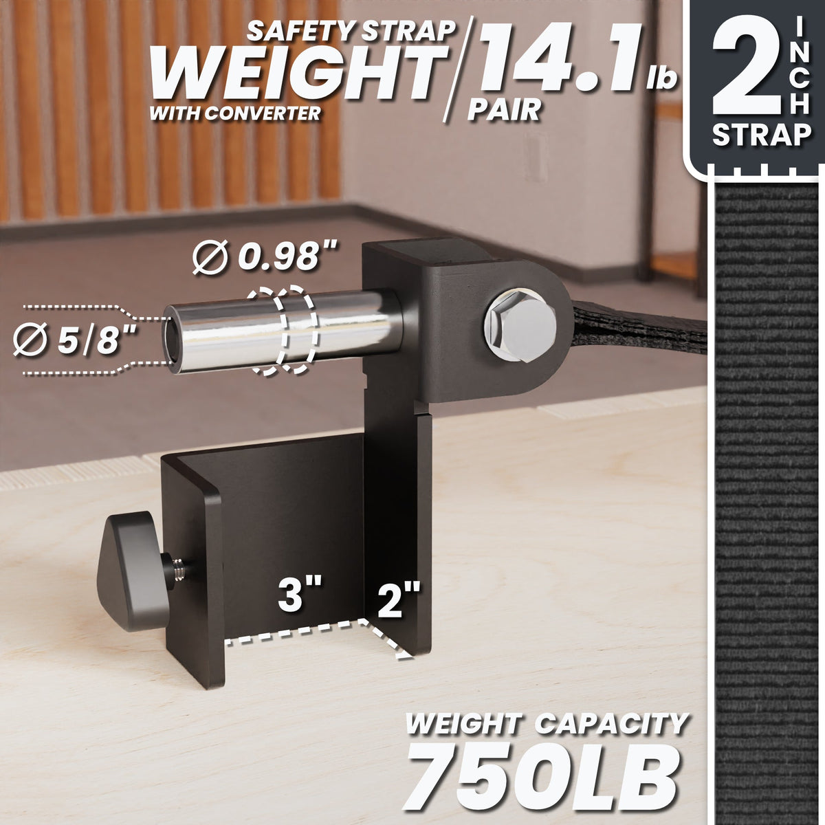 Safety strap with converter, 14.1 lb weight, 750 lb capacity, featuring a 2-inch strap and adjustable components.