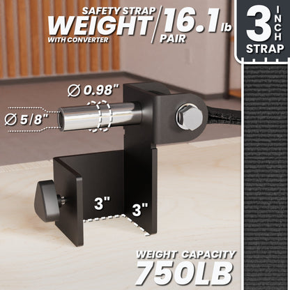 Safety strap with converter, 16.1 lb weight capacity, designed for 3-inch straps.