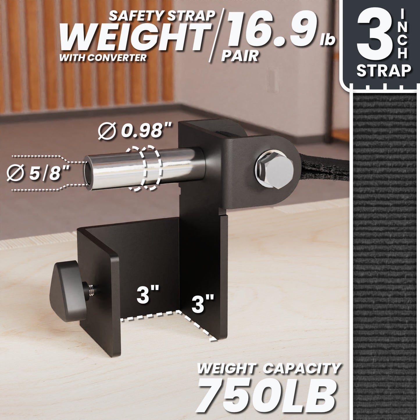Safety Strap with Converter, 16.9 lb weight capacity, 3-inch strap, supports up to 750 lb.