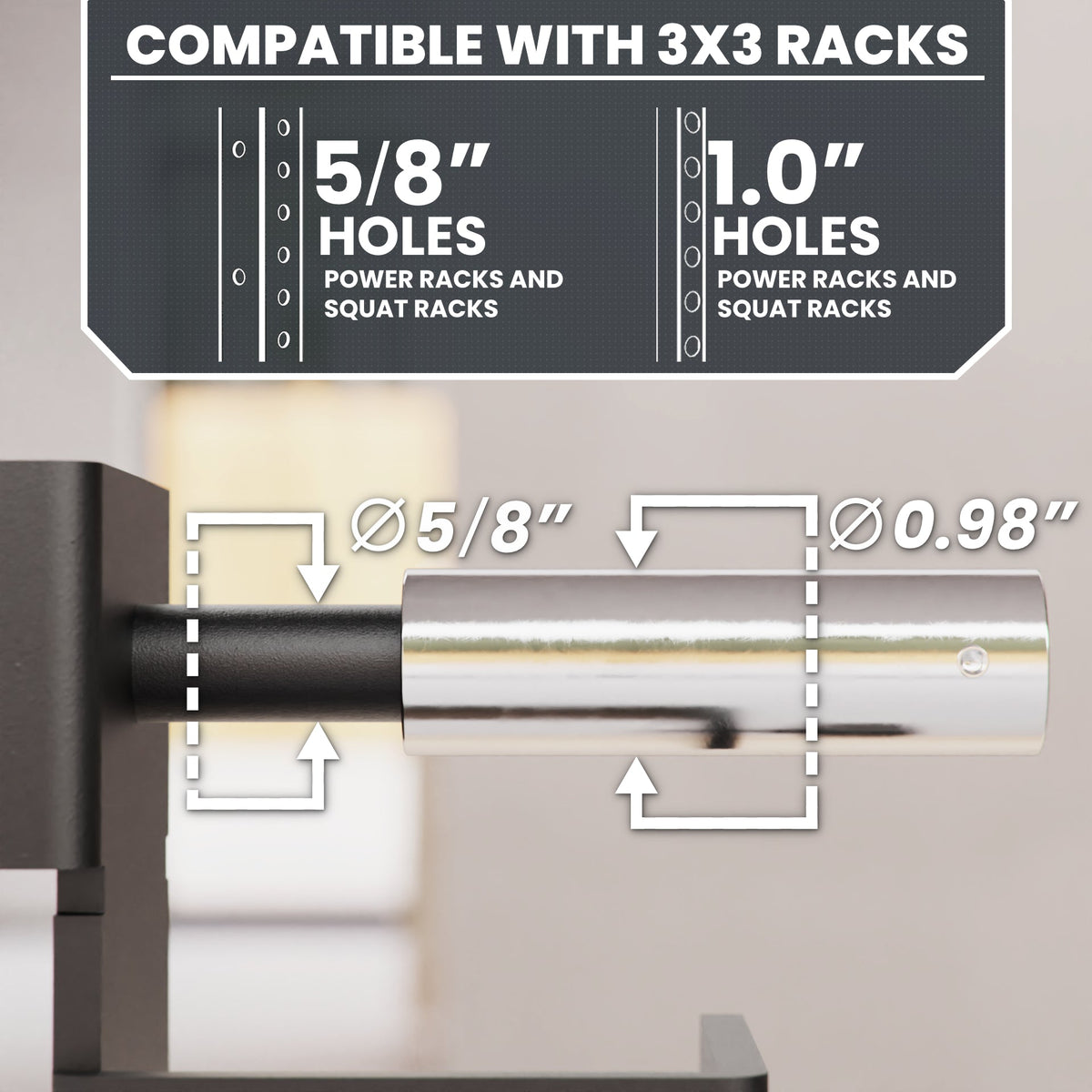 3x3 Rack Compatibility Adapter for 5/8" and 1.0" holes, designed for power and squat racks.