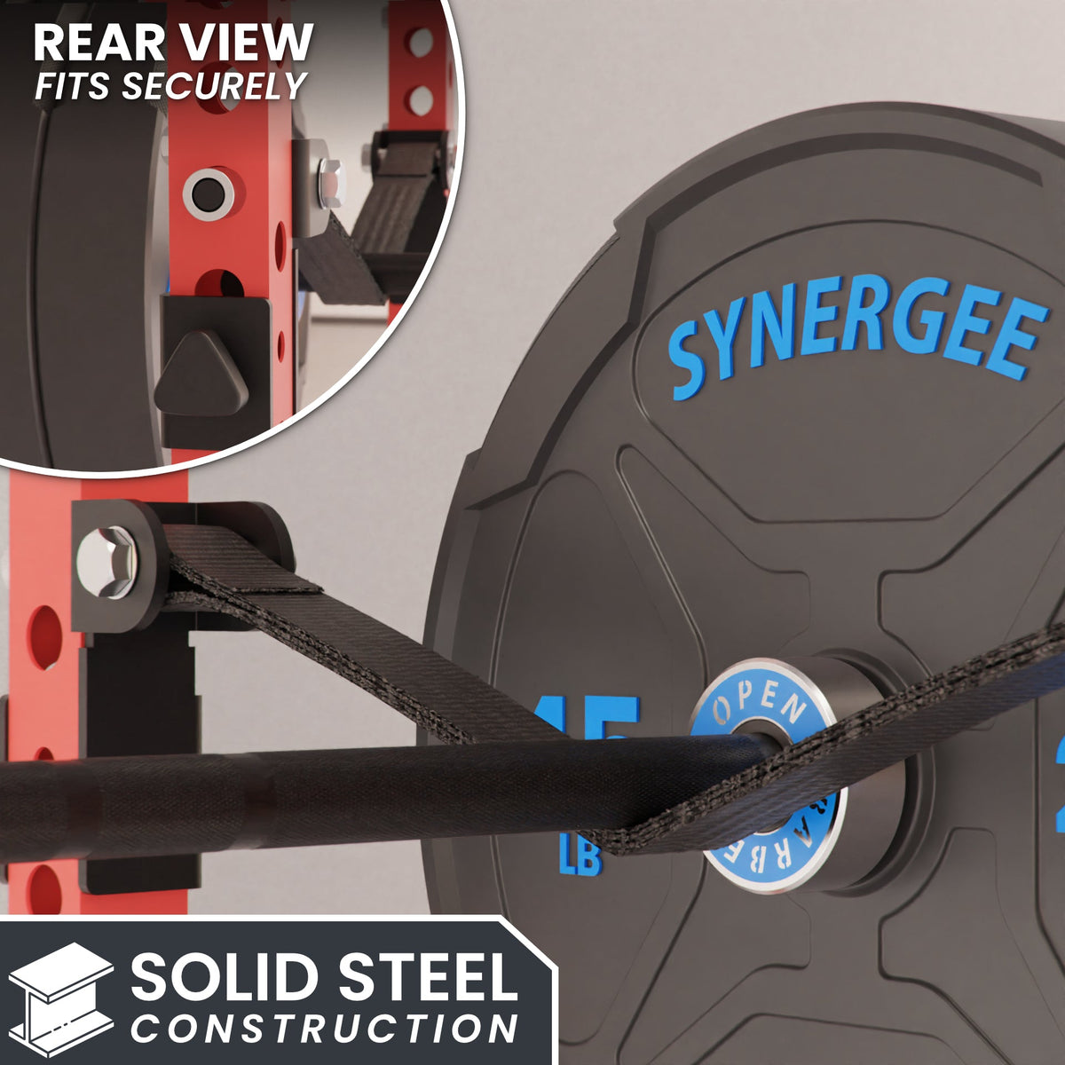 Synergee weight plate with solid steel construction, showcasing rear view and secure fit.