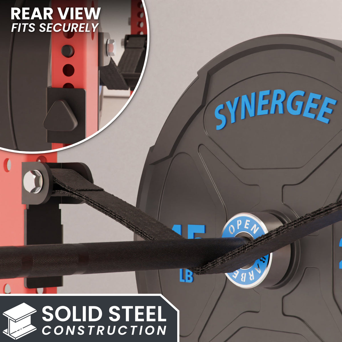 Synergee weight plate with solid steel construction, showcasing rear view and secure fit.