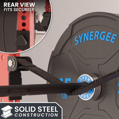 Synergee weight plate with solid steel construction, showcasing rear view and secure fit.