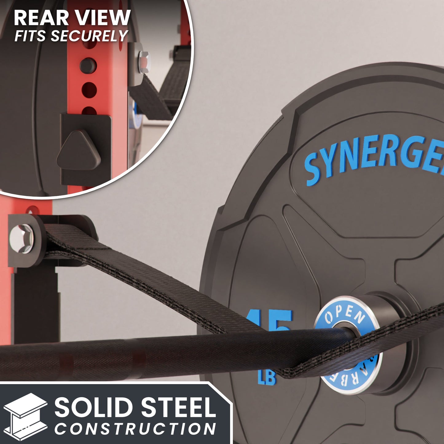 Synergen rear view showing solid steel construction and secure fit for weight plates.