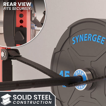 Synergee weight plate rear view showing solid steel construction and secure fit.