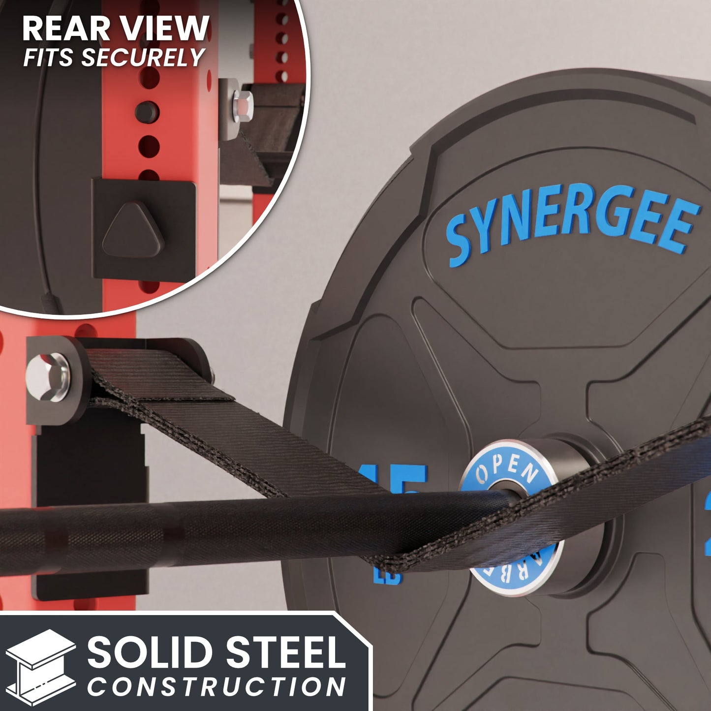 Synergee weight plate rear view showing solid steel construction and secure fit.