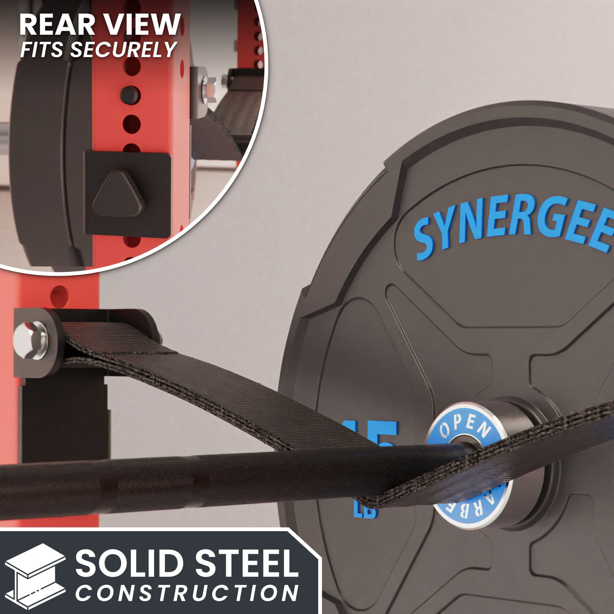 Synergee weight plate showing rear view with secure fit and solid steel construction.