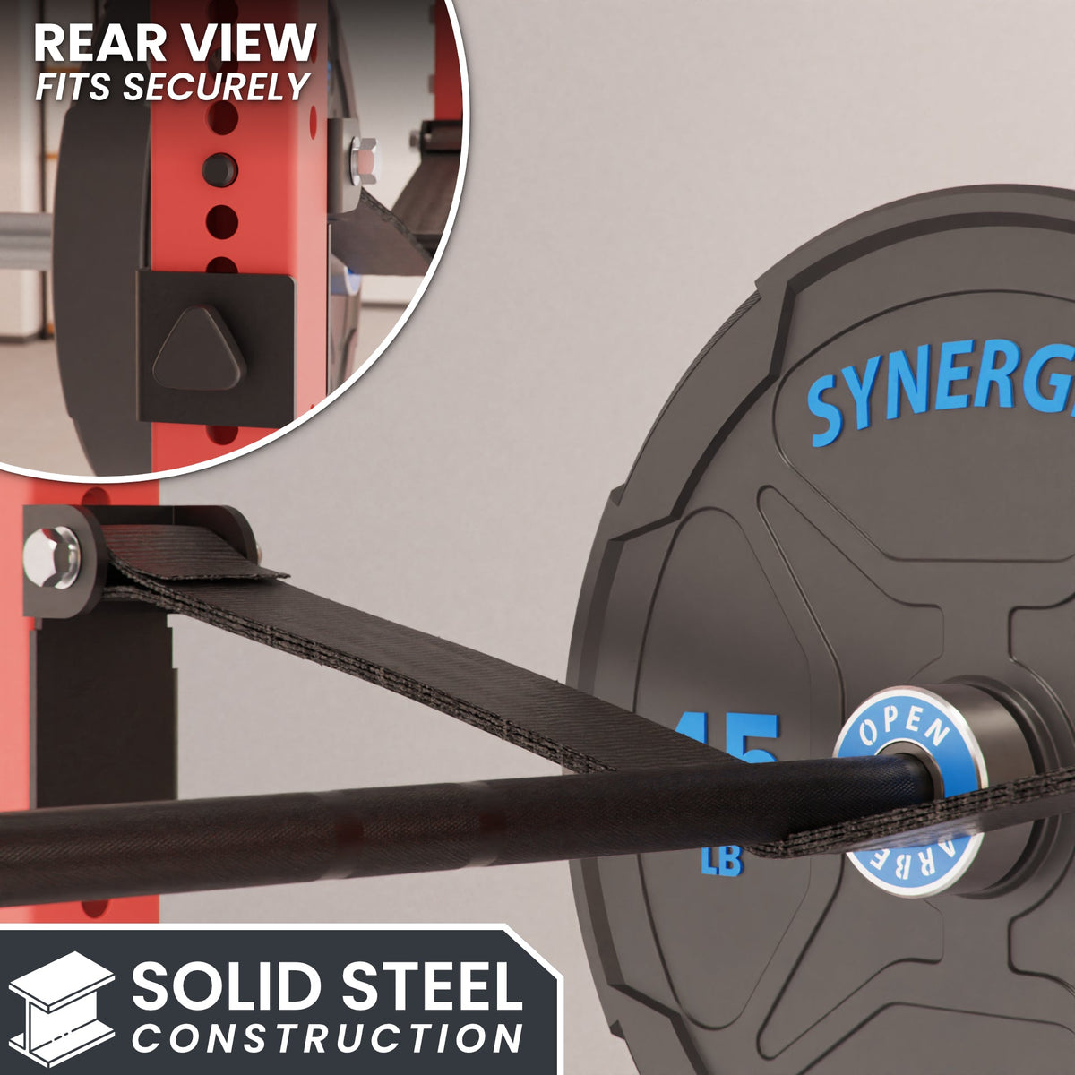 Solid Steel Construction weight plate with secure fit detail for Synergy equipment.