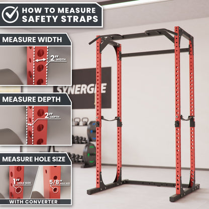 Safety Straps measuring guide with width, depth, and hole size indicators.