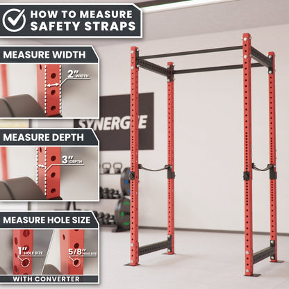 Safety Straps measuring guide with width, depth, and hole size instructions displayed.