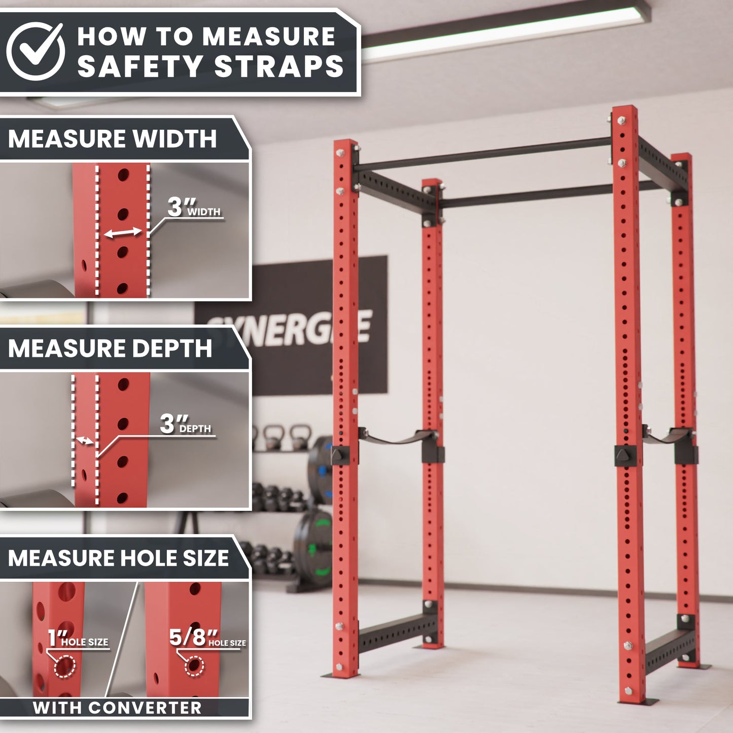 Safety Straps measuring guide with width, depth, and hole size indicators for accurate installation.