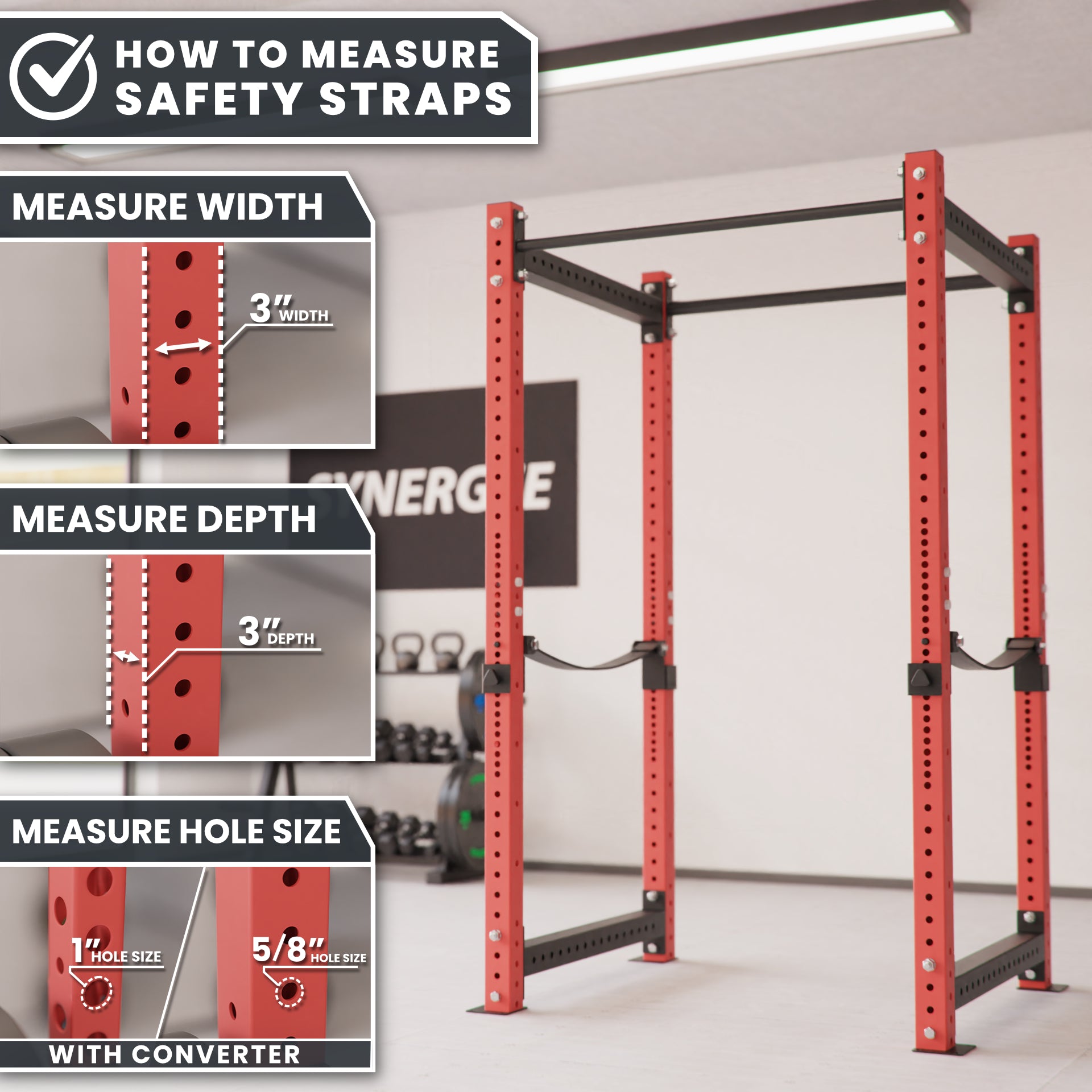 Safety Straps measuring guide showing width, depth, and hole size for optimal fit.