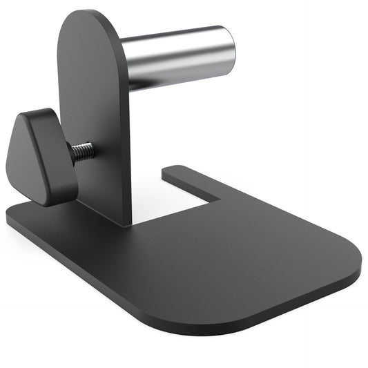 Black metal clamp for securing objects, featuring a sturdy base and adjustable screw.
