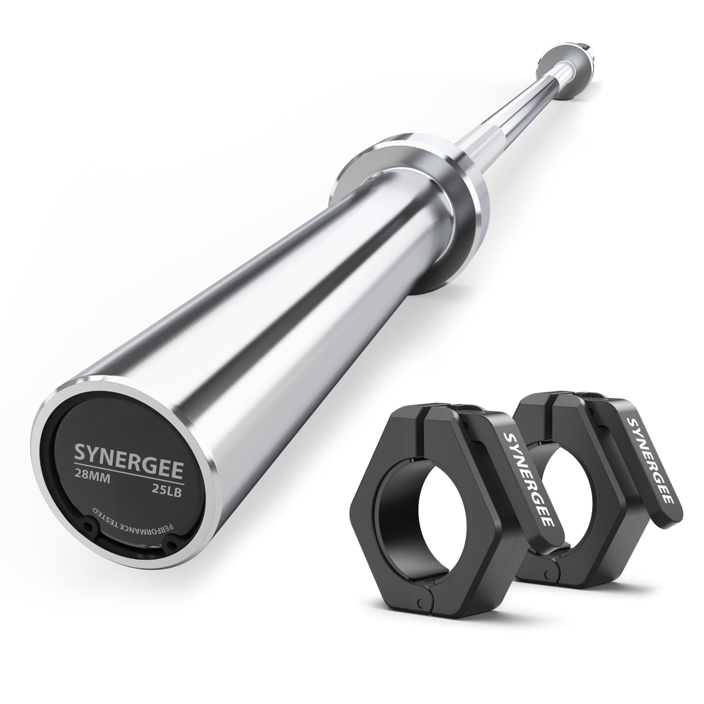Synergee Olympic Barbell with black collars, designed for strength training and weightlifting.