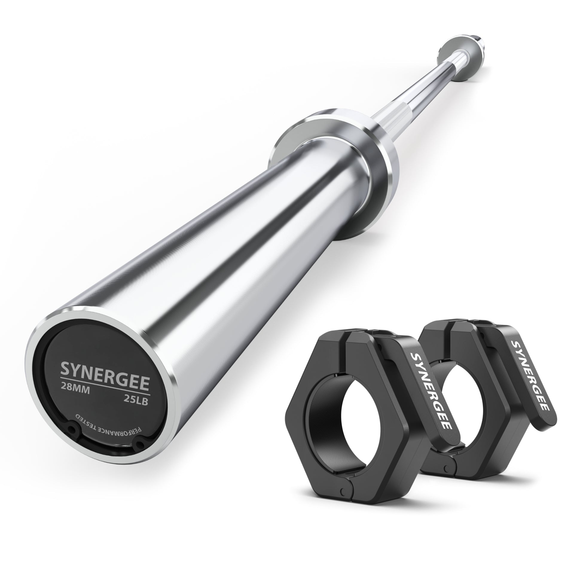 Synergee Olympic Barbell with black collars, designed for strength training and weightlifting.