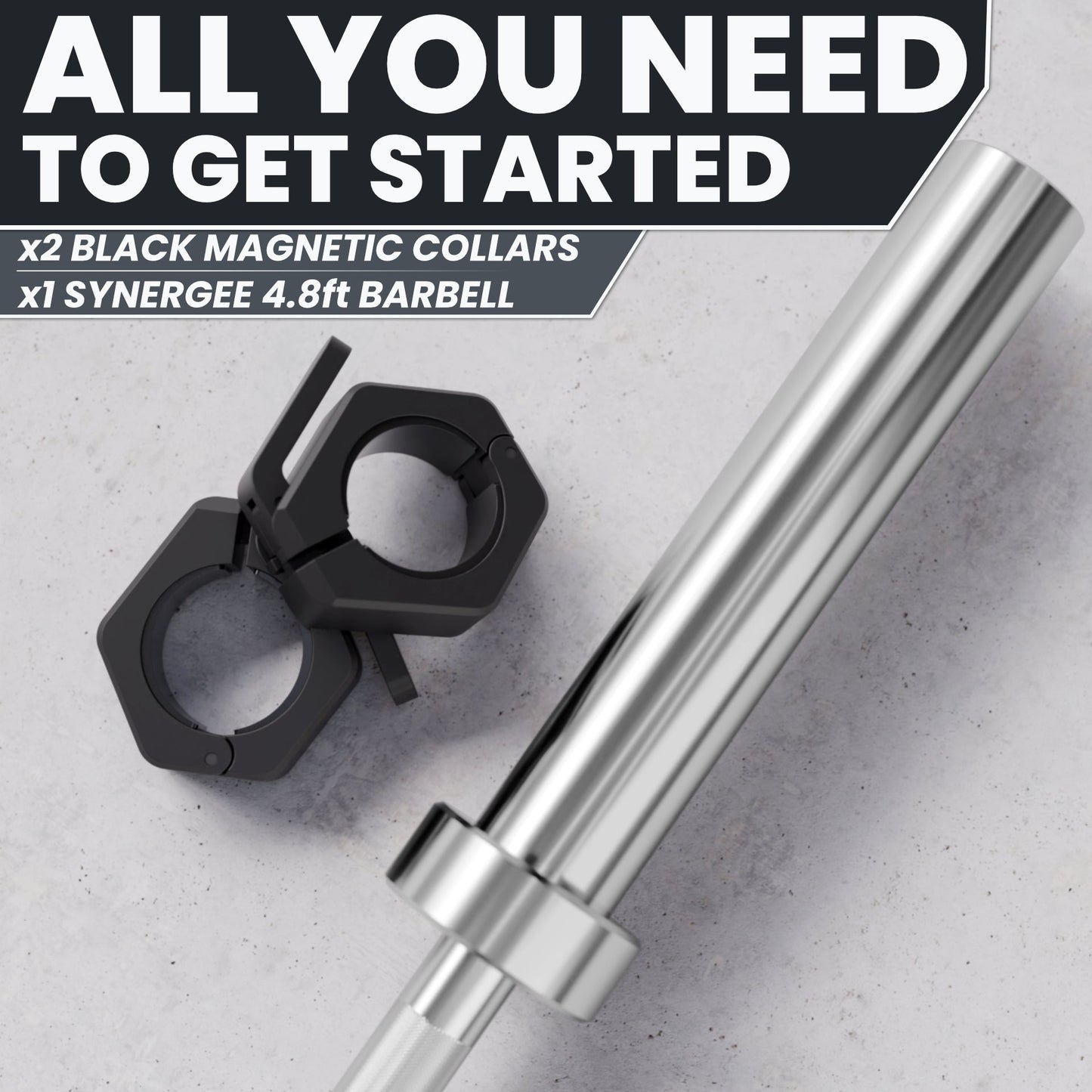 Synergee 4.8ft barbell with two black magnetic collars for secure lifting.
