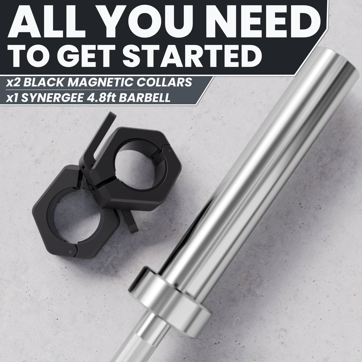 Synergee 4.8ft barbell with two black magnetic collars for secure lifting.